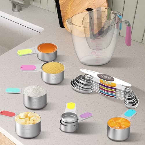 Minteem Magnetic Measuring Cups and Spoons Set, 5 Stainless Steel Measuring Cups for Dry and Liquid Ingredients, 7 Magnetic Measuring Spoons, 3 Plastic Measuring Cup with 1 Measuring Conversion Chart by Minteem - Image 6