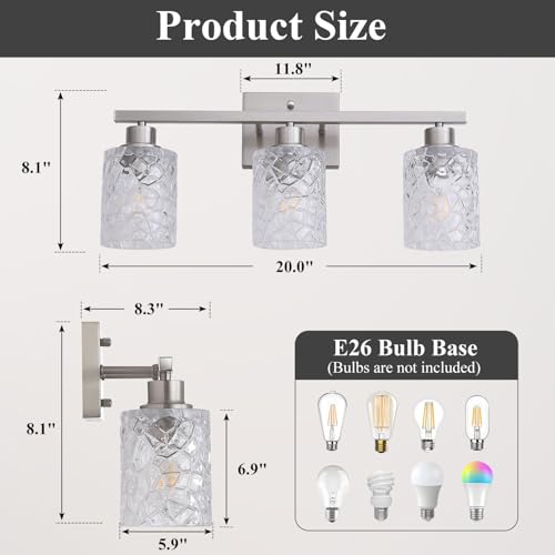 Mecgirn Stainless Steel Bathroom Vanity Light Over Mirror, 3 Light Brushed Nickel Bathroom Light Fixtures with Textured Glass Shades, Ceramic E26 Sockets Wall Mounted by Mecgirn - Used condition - Image 2