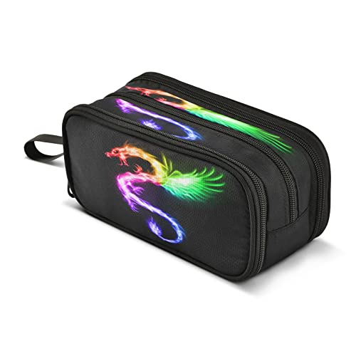 Image of Rainbow Fire Dragon Pencil Case 3 Compartment Pen Bag Pouch Holder Box School Portable Stationery Storage Bag for Girls Boys