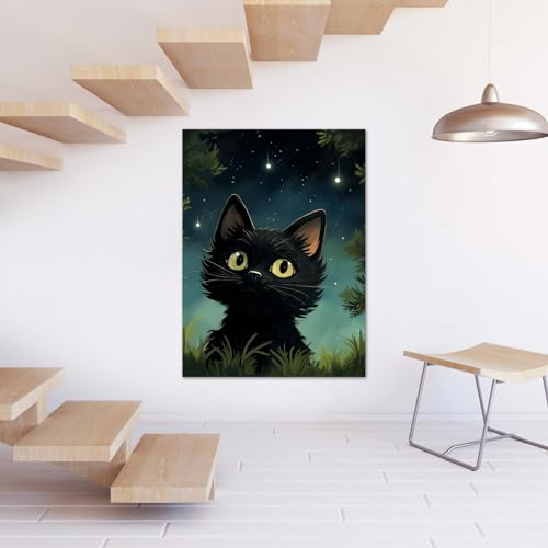 Peinture chat noir floral vintage sur toile premium 40x60 cm avec cadre intérieur en bois