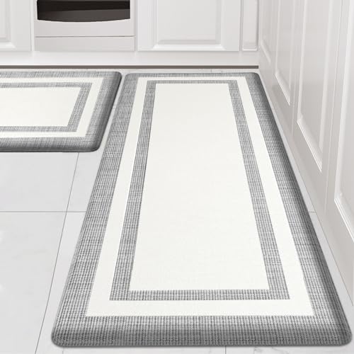 Latida Kitchen Mats 2 PCS, Cushioned Anti Fatigue Kitchen Mat for Floor, Non Slip Waterproof Kitchen Rug Set, 1/2 Inch Thick Comfort Anti Fatigue Mat for Kitchen Sink Office Laundry, White