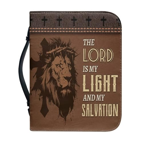 Talayituse Lion Cross Print Faux Leather Bible Cover for Men Women, The Lord is My Light Christian Zipper Bible Case with Handle Carrying Book Cover Study Bible Tote Bag, 2XL