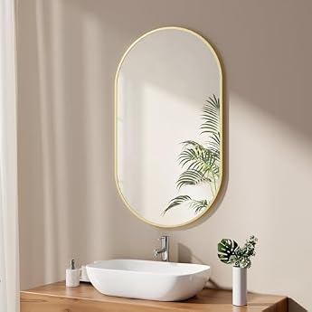 Foto di EMKE Specchio Bagno 60 x 100 cm, Specchio da parete con cornice in oro spazzolato, specchio da parete ovale, orizzontale/verticale, per bagno, corridoio, soggiorno, camera da letto, WC ospiti