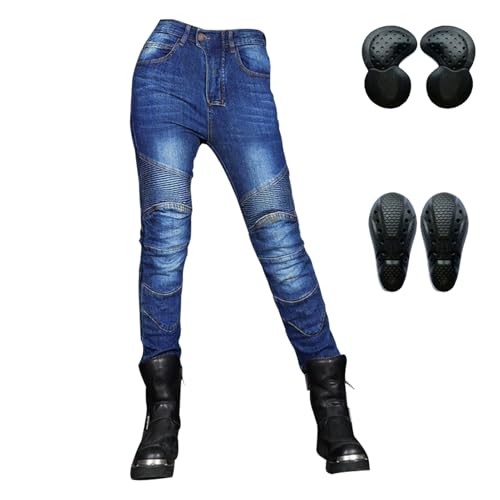 HOMDECR Pantalones De Moto para Mujer, Vaqueros De Motociclista Elástico Carreras Senderismo Pantalones con Bolsillos Y 4 Almohadillas Protectoras Desmontables (Blue,XXL)