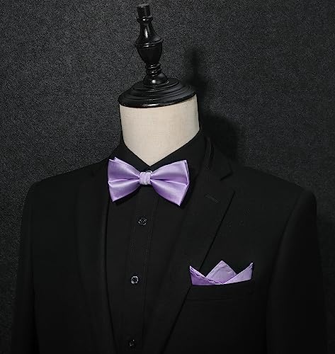 Image of HISDERN Bow Ties for Men Solid Color Pre-Tie Bow Tie and Pocket Square Set Classic Formal Tuxedo Bowties for Wedding Party
