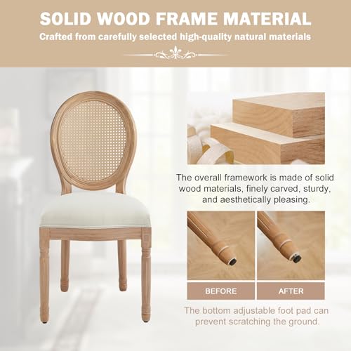 Image of Virabit French Dining Chairs Set of 4, Hand-Woven Rattan Farmhouse Upholstered Dining Chairs with Curved Backrest and Beautifully Carved Solid Wood Frame for Living Room, Kitchen, Restaurant