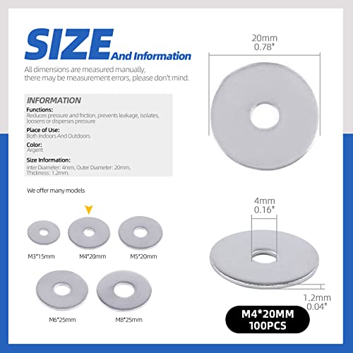Glarks 100Pcs M4 x 20mm Large Fender Washers 304 Stainless Steel Flat Washers Set for Screw Hardware Lock - Image 2