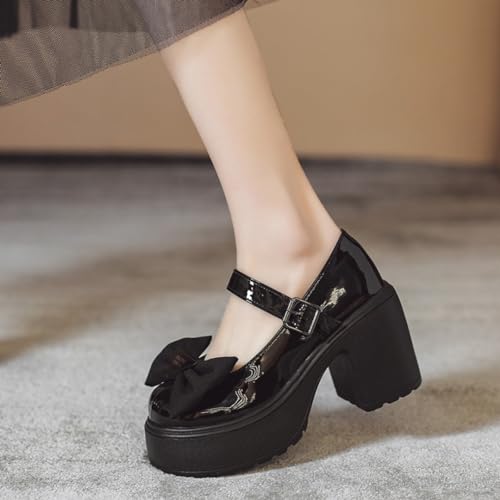Image of Women's Platform Mary Janes Heart Cat Buckle Rivets Ankle Lolita Gothic Princess Platform Pumps Patent Leather Thorn Vintage Traditional Embroidery Upper Dress Shoes