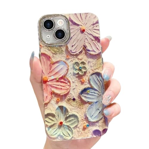 Image of Elzzi Compatible with iPhone 13 Case Flower Oil Painting Blue Ray Bumper with Full Camera Protection Shockproof PC+TPU Glossy Shiny Cover for Girls Women, Pink