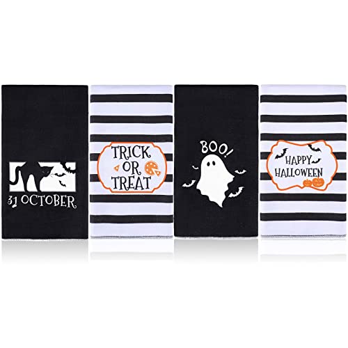 Funtery 4 Pieces Halloween Dish Hand Towels For Kitchen Trick Or Treat Boo Ghost Black Bat Towels Black Withe Stripes Absorbent Tea Towels Drying Dish Cloth Decorative Gifts, 16 X 26 Inch #TOP27