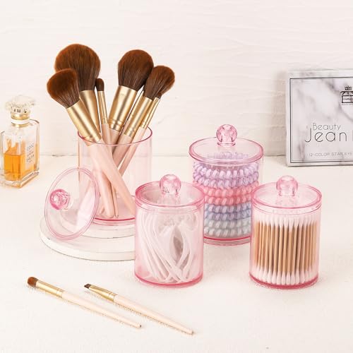 Image of Tbestmax 12 oz & 10 oz Qtip Holder - 4 Pack Restroom Bathroom Organizers and Storage Containers, Pink Plastic Apothecary Jars with Lids for Cotton Swab, Cotton Round Pads, Floss