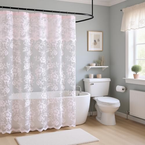 Pink Leaf Floral Lace Shower Curtain with Valance, 72 x 72 Inch 1 Panel
