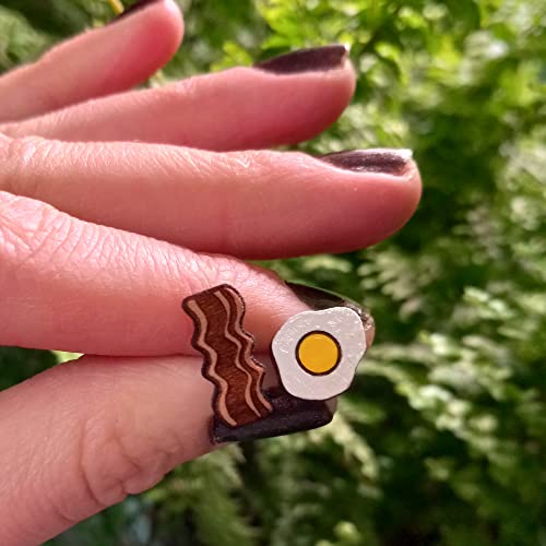 Bacon Strip & Fried Egg Mismatch Wood Stud Earrings Pair, Breakfast Brunch Foodie Diner Funny Mismatched Jewelry #TOP6