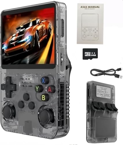 R36s retro Handheld Gaming Console with 64G Cards, Portable Retro Game Consoles Linux Gaming System Emulator 3.5-Inch IPS Screen (Black)