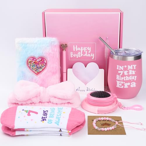 Splendest 7 Year Old Girl Birthday Gifts – 9PCS Pink 7th Birthday Presents for Girl –...