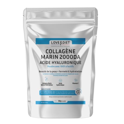 Collagène marin poudre 2000Da – Éclat, Fermeté et Hydratation – Formule Naturelle avec Acide Hyaluronique, Vitamine C – Jusqu'à 40 jours de cure - Made in France - Love&Diet
