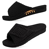 Litfun Orthopedic Slippers for Women Arch Support Indoor House Slippers Adjustable Open Toe Corduroy Bedroom Shoes with Memory Foam for Plantar Fasciitis, Black 39