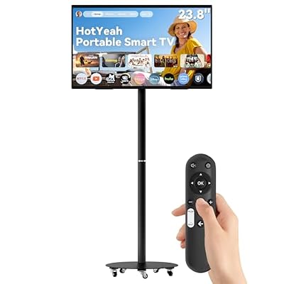 HotYeah Portable Smart TV on Wheels, EDLA-Certified, 23.8" 1080P 2-in-1 Rolling TV & Monitor, w/Built-in 10000mAh Battery, Support Voice Control, USB-C & HDMI, Full Swivel Rotation (Black)
