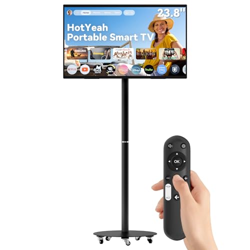 Image of HotYeah Portable Smart TV on Wheels, EDLA-Certified, 23.8 inch 1080P 2-in-1 Rolling TV & Monitor, w /Built-in 10000mAh Battery, Support Voice Control, USB-C & HDMI, Full Swivel Rotation (Black)