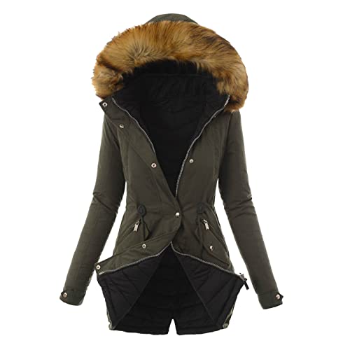 Image of womens quilted jacket Winter Coats for Women uk Quilted Down Longline Puffer Parka Coat Fleece Lined Waterproof Jacket with Fuffly Hood Winter Plus Size Trench Windproof long coat women Army Green M