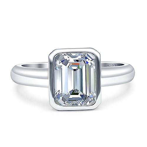 OMRANII 8mmX6mm Elongated Emerald Cut Beautiful Bezel Set Classic Engagement Anniversary Statement Ring Cubic Zirconia Stones 925 Sterling Silver