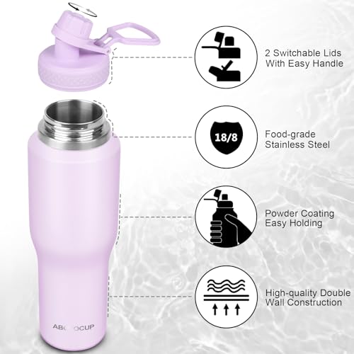 Image of ABOTOCUP 32oz Insulated Water Bottle, Fit in Any Car Cup Holder, Water Bottle with Straw Lids, Stainless Steel Insulated Water Flask Double Wall Leak-proof BPA Free to Keep Cold&Hot
