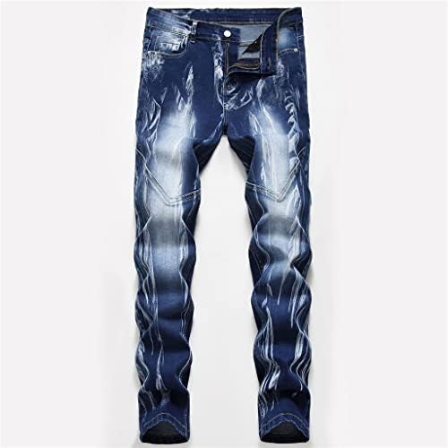 LSDJGDDE Snow Washed Patchwork Men’s Straight Elastic Jeans Plus Size Vintage Patch Slim Denim Jeans Long (Color : Blue, Size : 32 Code)