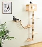 Cat Tree House with Hammock Wall Mount Cat Shelf Climbing Tall Activity Tower Solid Wood Indoor Cat