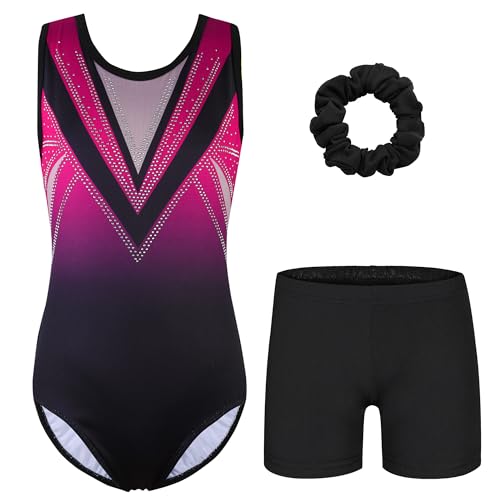 ZNYUNE Turnanzug mädchen Shorts Bunte Funkeln Gymnastik Trikots Farbverlauf Gymnastikanzug für Mädchen Strass B393 BlackHotPink 10A