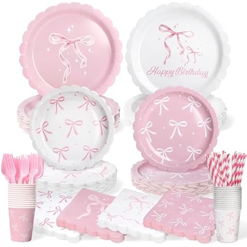 300 Pcs Pink Bow Plates, Cups, Napkins and Tableware Sets for Coquette Birthday Decorations, Party Supplies Include Straws, Pink Birthday Decorations Which Can Serve 50 Cover