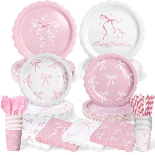 300 Pcs Pink Bow Plates Cups Napkins and Tableware Sets for Coquette Birthday Decorations Party Supplies Include Straws Pink Birthday Decorations Which Can Serve 50
