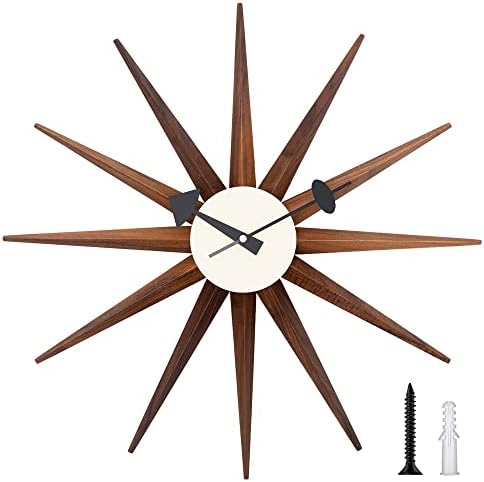 Aurtem Mid Century Wall Clock - Wooden Starburst Clock Replica George Nelson Sunburst Clock for Decorative Office Wall Living Room (Walnut 19")