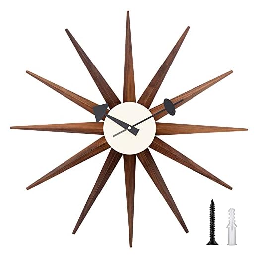 Mid Century Wall Clock - Wooden Starburst Clock Replica George Nelson Sunburst Clock for Decorative Office Wall Living Room (Walnut 19")