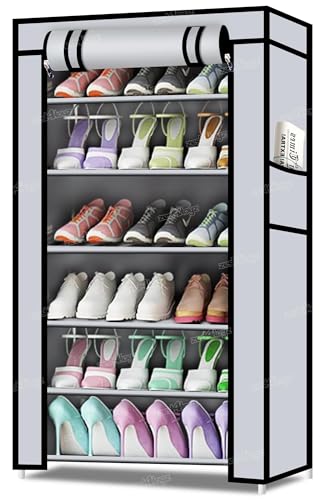 Image of Zest 4 Toyz 6 Shelf Shoe Rack for Home with Zip Door Cover & Side Pockets Shoe Stand Multipurpose Storage Rack for Footwear Toys Clothes with Dustproof Cover (Grey)