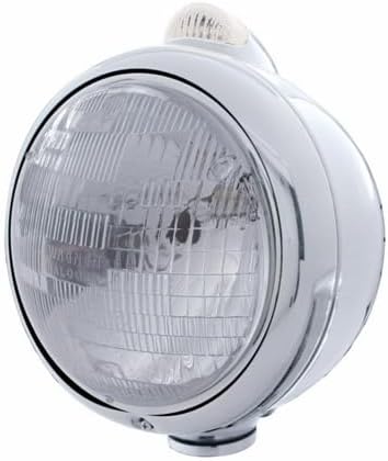 United Pacific 31527 Guide Headlight, 682-C Style, RH/LH, 7", Round, Polished Housing, H6024 Bulb, with Amber 5 LED Signal Light, with Clear Lens