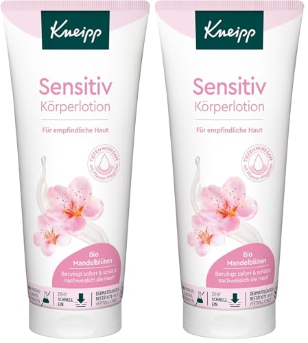 Kneipp Lozione per il corpo sensitiva, lozione per il corpo con estratto di fiori di mandorle organico per pelli sensibili, struttura leggera ad assorbimento rapido, dona alla pelle una sensazione