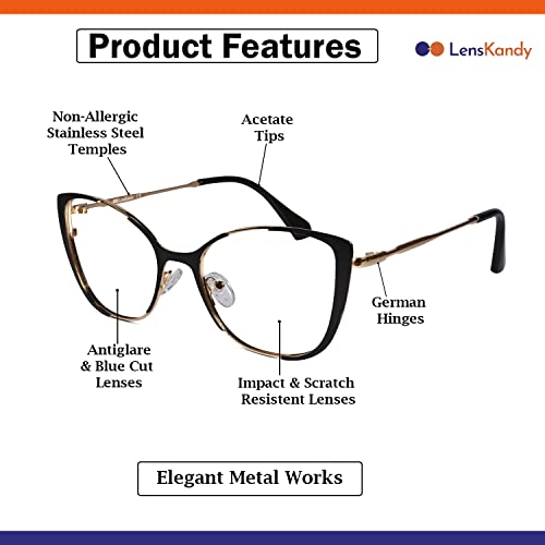 Image of LensKandy Cat Eye Shape Glasses for Women | Blue Cut Cat Eye Full Rim | Zero Power | Anti-Glare & UV Protection | Large Size Eyeglasses for Screen Use | Lightweight & Blocks Harmful Rays