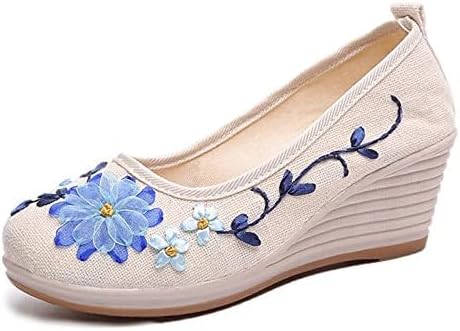 Hbeylia Vintage Flower Embroidered Platform Wedge Ballet Flats Ethnic Retro Boho Floral High Heels Chunky Pump Slip On Loafers Beach Travel Bohemian Dress Shoes For Women Ladies Vacation