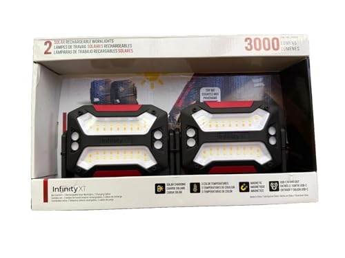 Infinity X1 Solar Rechargeable WorkLights Lamps 2-Pack – 3000 Lumens LED, Foldable Solar Panels, USB-C Charging in/Out, Magnetic Base, Hanging Hook, 3 Color Modes Temperatures, 360° Stand