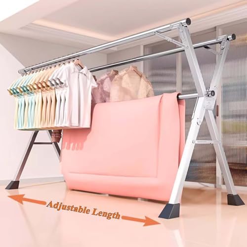 Stainless Steel Garment Rack, Clothes Drying Rack Collapsible, Heavy Duty Laundry Rack, Foldable Laundry Drying Rack, with 20 Windproof Hooks, Indoor/Outdoor