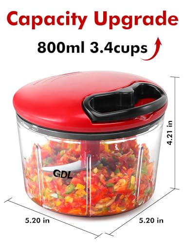 Image of GDL Food Chopper, Pull Onion Chopper Dicer, Hand Powered Food Mincer, Fast Cutting Hand Chopper for Oinon, Garlic, Nut, 3.4 Cups 0.8L, Red