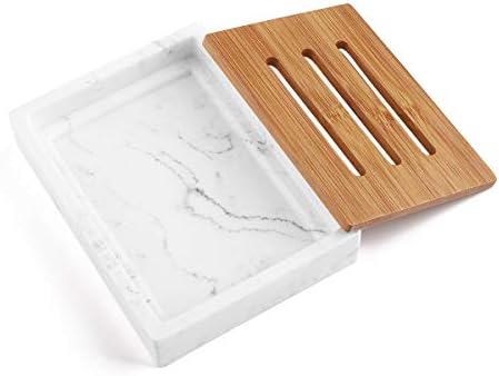 Luxspire Soap Dish Tray, Resin Soap Dish, Bamboo Soap Bar Holder Box for Shower Kitchen Sink, Double Layer Draining Soap Container Box, Wood Soap Case, Bathroom Marble Pattern Tray, Gravel White