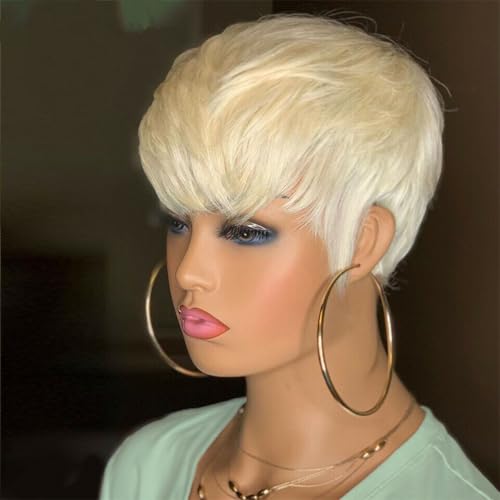 YKHJH Pixie Cut Wig Human Hair Short Platinum Blonde Wig Human Hair for Black Women Layered Wigs with Bangs Blonde Pixie Cut Wig 60 Color for Daily Use (60#)