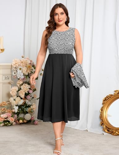 Image of ZOMVA Plus Size Sparkly Mother of The Bride Dresses with Jacket 2 Piece Chiffon A-Line Dress Wedding Guest Formal