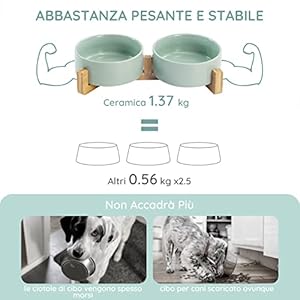 SPUNKYJUNKY Ciotola Doppia in Ceramica con Supporto in Bambù per Gatti e Cani - 400 ml, Verde Chiaro
 - immagine 3