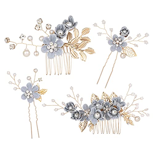 Bowin Wedding Hair Comb Pearl Crystal Bride Hair Accessories Hair Side Comb Clips Rose Gold Flower Rhinestone Head Pieces For Bridesmaid Women And Girls, Set Of 4 (Grey) #TOP7