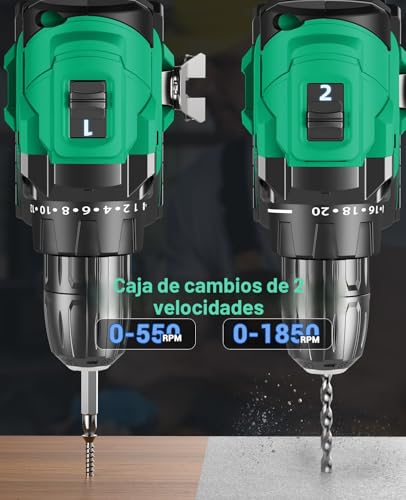 Miniatura 7 de Taladro Atornillador Batería Sin Escobillas, Betenst Atornillador Electrico 21v Con 2.0ah Baterías, 45n.M Taladro Inalámbrico, 20 Ajuste De Par, 20 Accesorios, 2 Velocidad, Luz Led Para Bricolaje