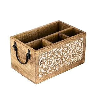 Mie Creations 4 Compartment Wooden Silverware Caddy Utensil Holder Farmhouse Cutlery Flatware Organizer Decorative Wood Caddy with Metal Handles for Kitchen Thanksgiving Christmas Gift Buffet Party