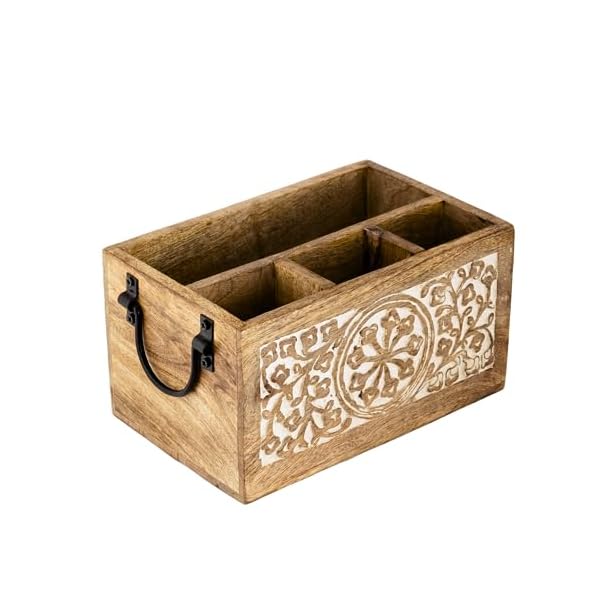 Mie Creations 4 Compartment Wooden Silverware Caddy Utensil Holder, Farmhouse Cutlery Flatware Organizer, Decorative Wood Caddy with Metal Handles for Kitchen Countertop, Picnic, Buffet Party- White