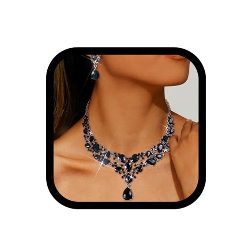 Image of EARENT Rhinestone Bridal Jewelry Sets Diamond Prom Necklace and Earring for Women (A-Black-Necklace&Earrings)